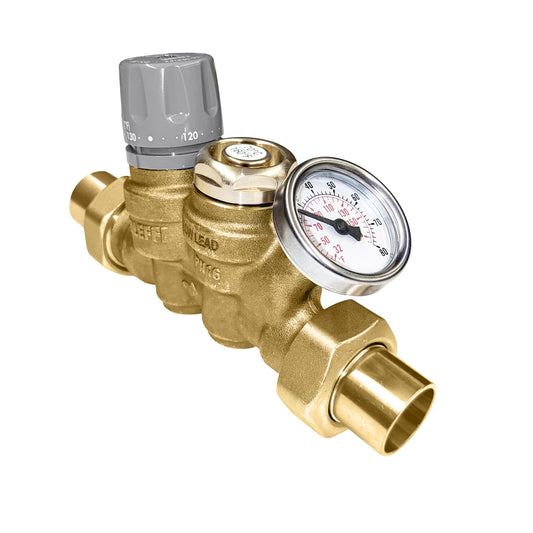 116240AC 109* Caleffi 1/2" Sweat Union, 160F Bypass, With Isolation Valve. ThermoSetter. 1162, 1166.